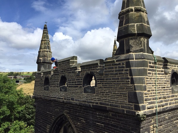 Pointing on the parapet walls.